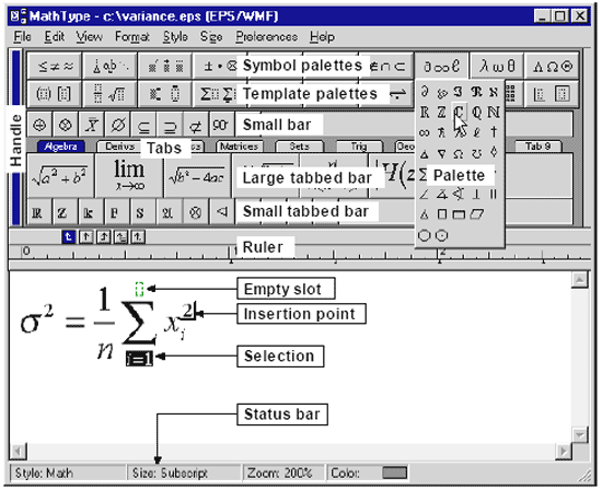 Interface of the program MathType...